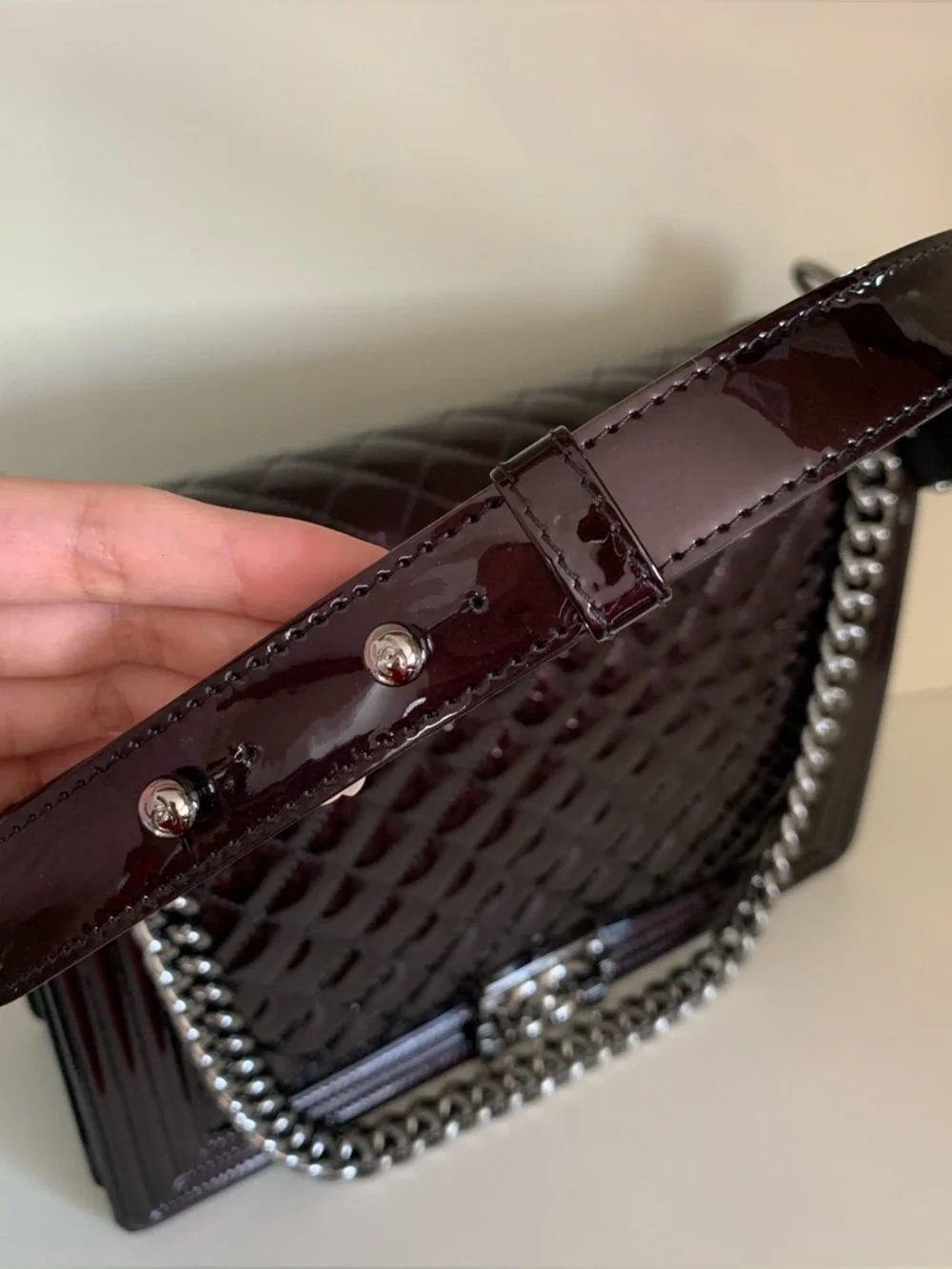 Chanel patent mirrored palladium jumbo le boy bag